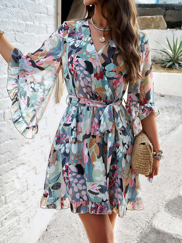 Flared Sleeves Half Sleeves Flower Print Ruffle Trim Split-Joint Tied Waist V-Neck Mini Dresses