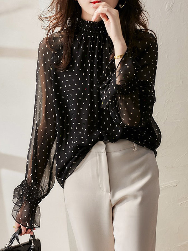 Flared Sleeves Long Sleeves Elasticity Mesh Polka-Dot See-Through Mock Neck Blouses&Shirts Tops