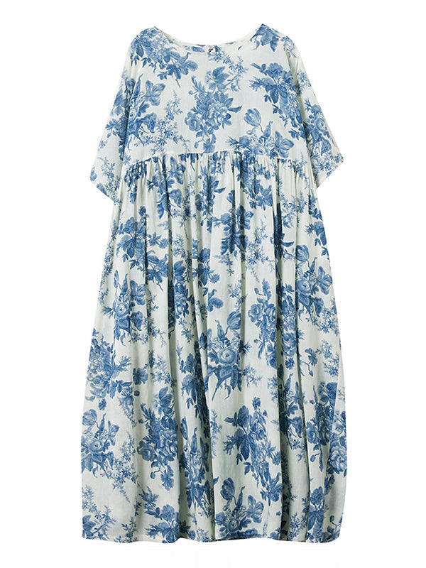 Loose Short Sleeves Floral Printed Pleated Split-Joint Round-Neck Midi Dresses