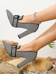 Bowknot Houndstooth Pointed-Toe Split-Joint Pumps