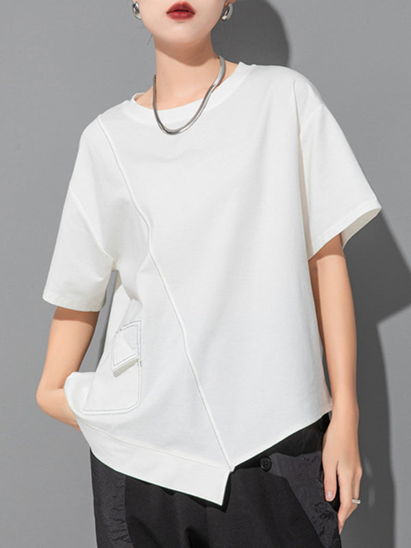 Loose Short Sleeves Asymmetric Solid Color Split-Joint Round-Neck T-Shirts Tops