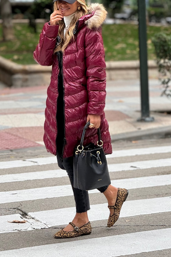 Burgundy Natural Fur Padded Coat