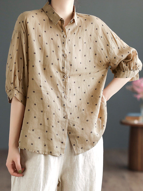 Half Sleeves Loose Polka-Dot Lapel Blouses&Shirts Tops