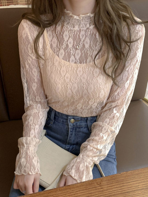 Original Stylish Hollow Mesh Lace High-Neck Long Sleeves T-Shirt Top