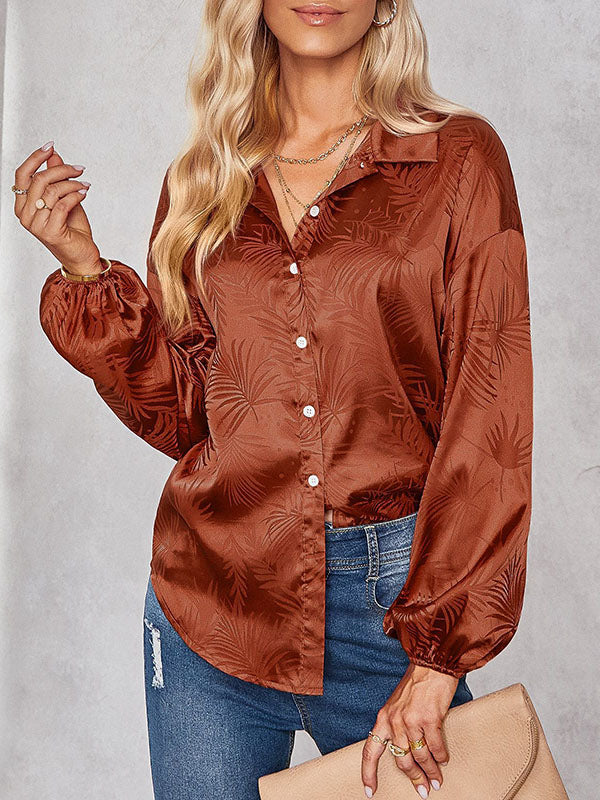 Loose Puff Sleeves Jacquard Split-Joint Lapel Blouses