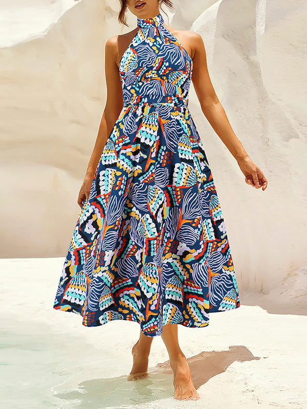 A-Line Loose Pleated Printed Split-Joint Halter-Neck Midi Dresses