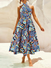 A-Line Loose Pleated Printed Split-Joint Halter-Neck Midi Dresses