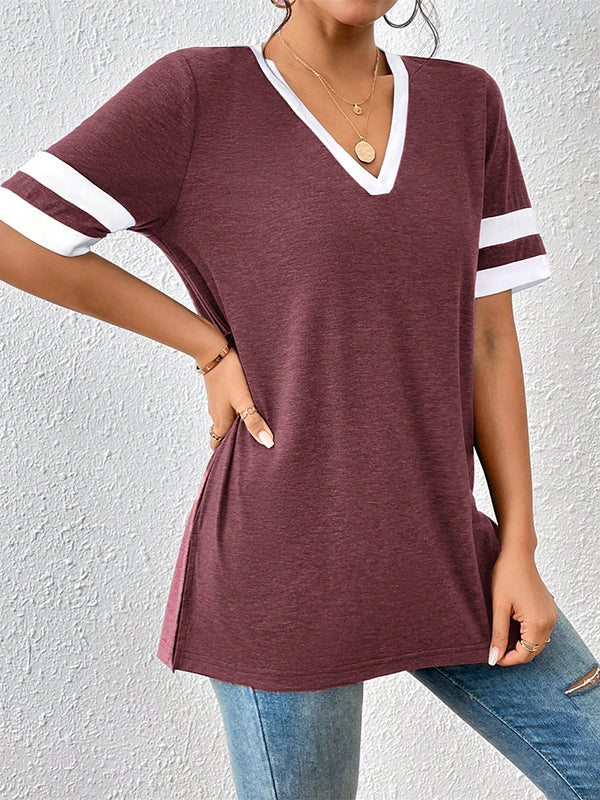 Loose Short Sleeves Split-Joint Split-Side Striped V-Neck T-Shirts Tops