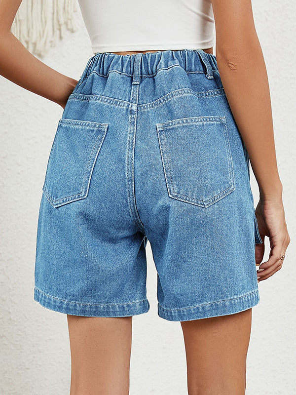 High Waisted Loose Elasticity Pockets Split-Joint Denim Shorts