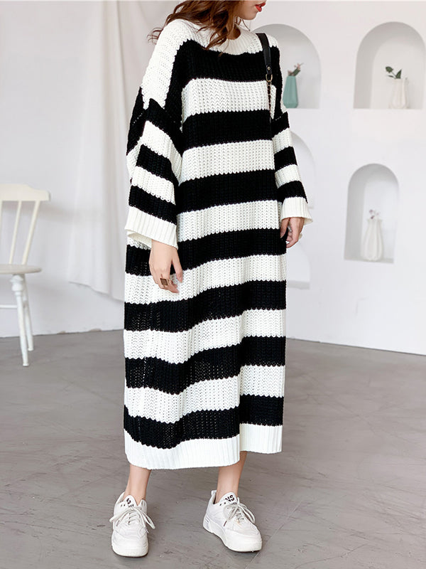 Stylish Loose Striped Round-Neck Sweater Dresses