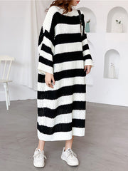 Stylish Loose Striped Round-Neck Sweater Dresses