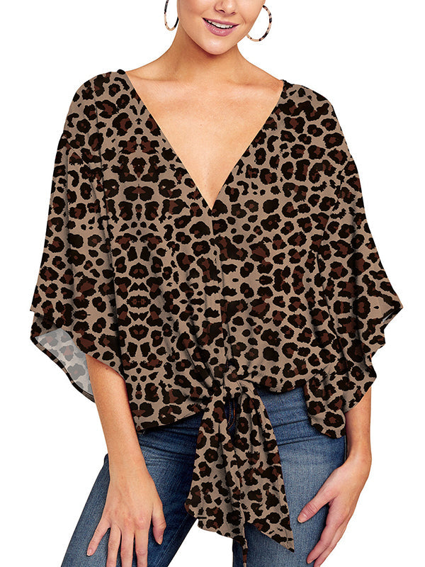 Batwing Sleeves Half Sleeves Knot Leopard V-Neck Blouses&Shirts Tops