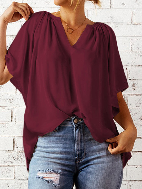 Simple Casual Solid Color Loose Pleated Half Sleeves T-Shirt Top