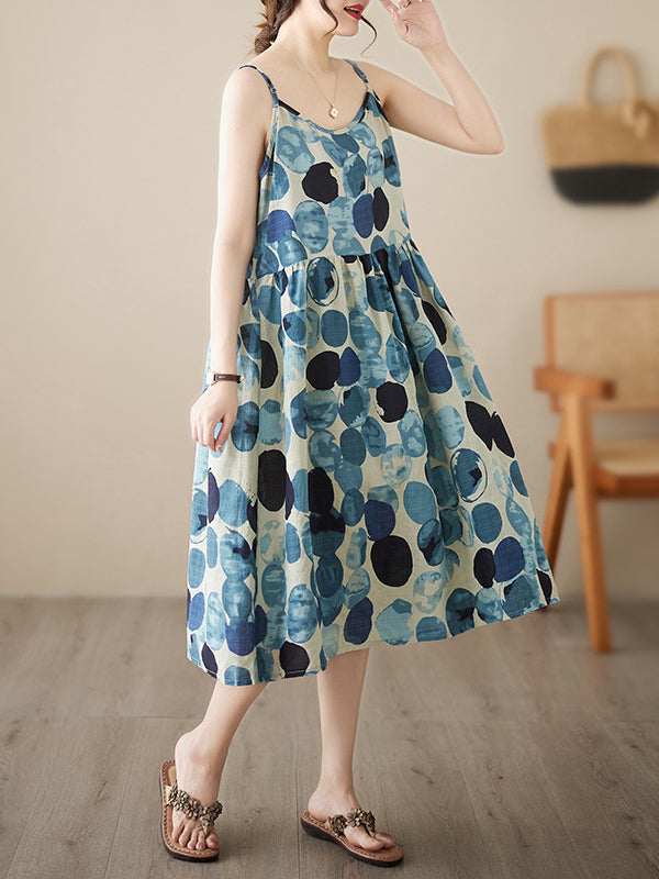 Loose Sleeveless Pleated Printed Split-Joint Spaghetti-Neck Midi Dresses