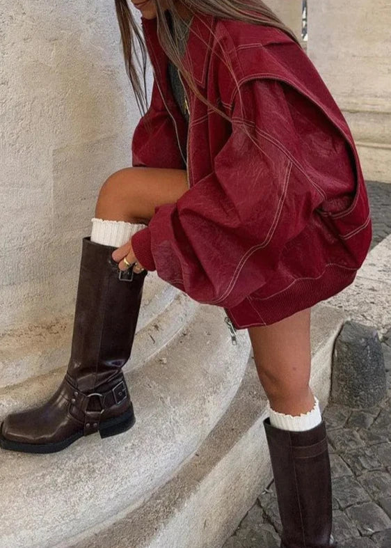 Oversized Wine Red Zipper Jacket