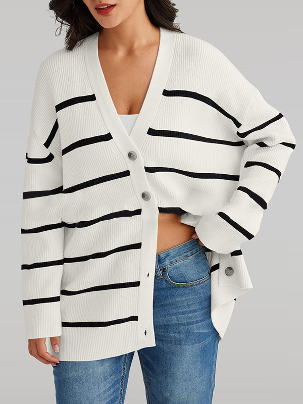 Long Sleeves Loose Split-Joint Striped V-Neck Cardigan Tops