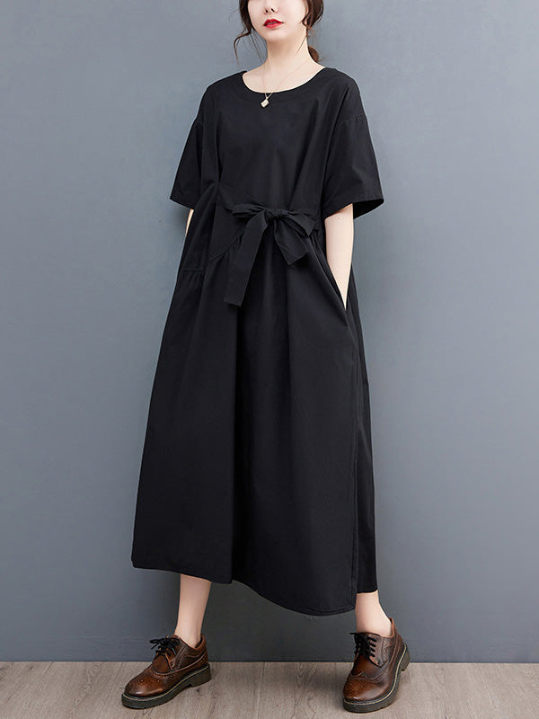 Casual Half Sleeves Loose Solid Color Round-Neck Midi Dresses