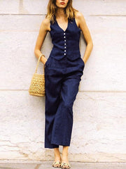 Solid Color  Sleeveless Buttoned Deep V-Neck Vest Top + Pleated Straight Leg Pants Bottom Two Pieces Set