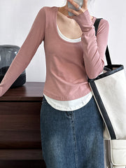 False Two Long Sleeves Contrast Color Round-Neck T-Shirts Tops