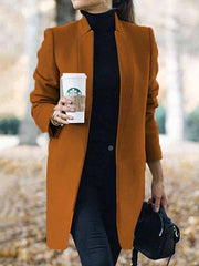 Long Sleeves Solid Color Split-Joint Stand Collar Outerwear Woolen Coat