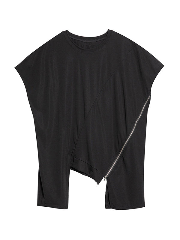 Stylish Irregular Zipper Split-Joint Black T-Shirt Top