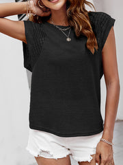 Batwing Sleeves Loose Hollow Lace Split-Joint Round-Neck T-Shirts Tops