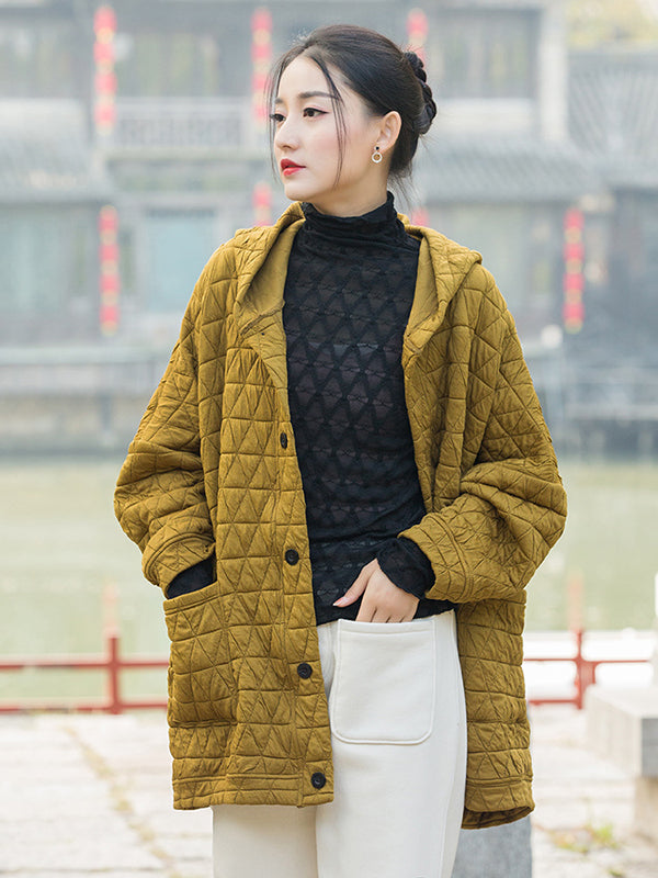 Casual Long Sleeves Loose Buttoned Keep Warm Solid Color Hooded Padded Coat