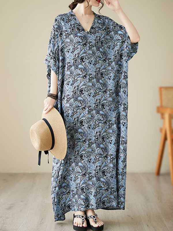 Batwing Sleeves Loose Printed V-Neck Maxi Dresses