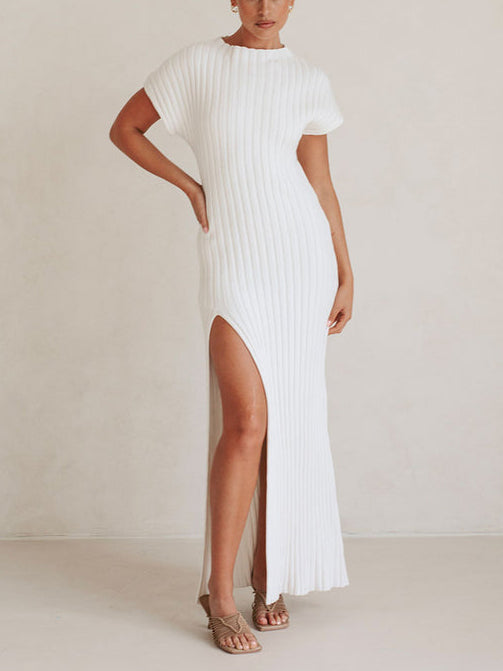 New Crew Neck Slit Sexy Knit Midi Dress