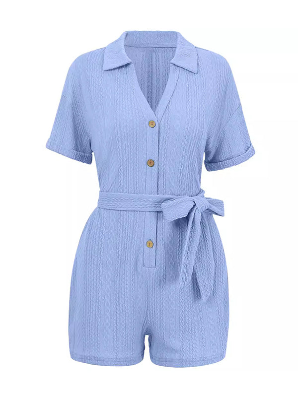 Loose Short Sleeves Buttoned Jacquard Solid Color Tied Waist Lapel Rompers