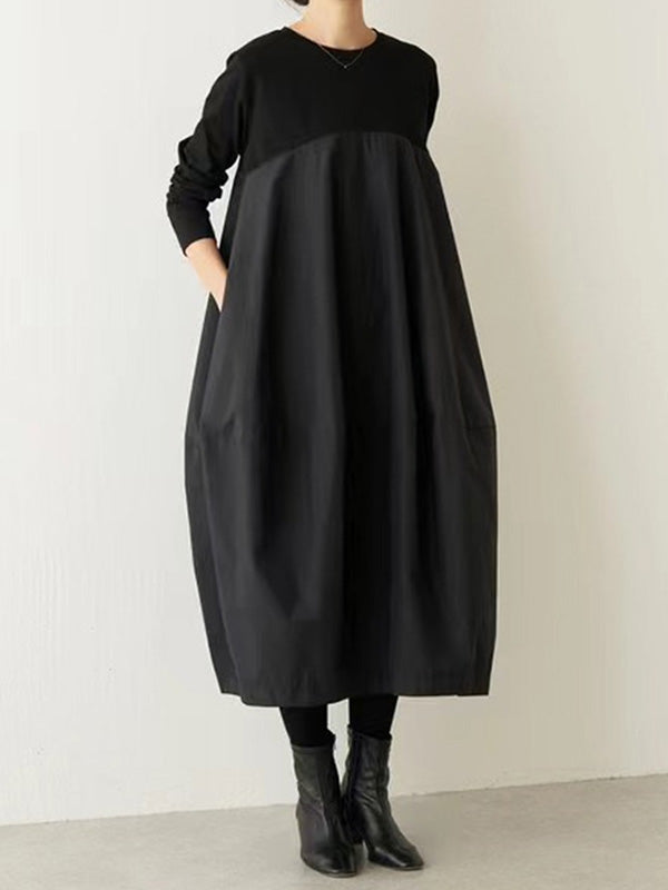 Long Sleeves Loose Split-Joint Round-Neck Midi Dresses