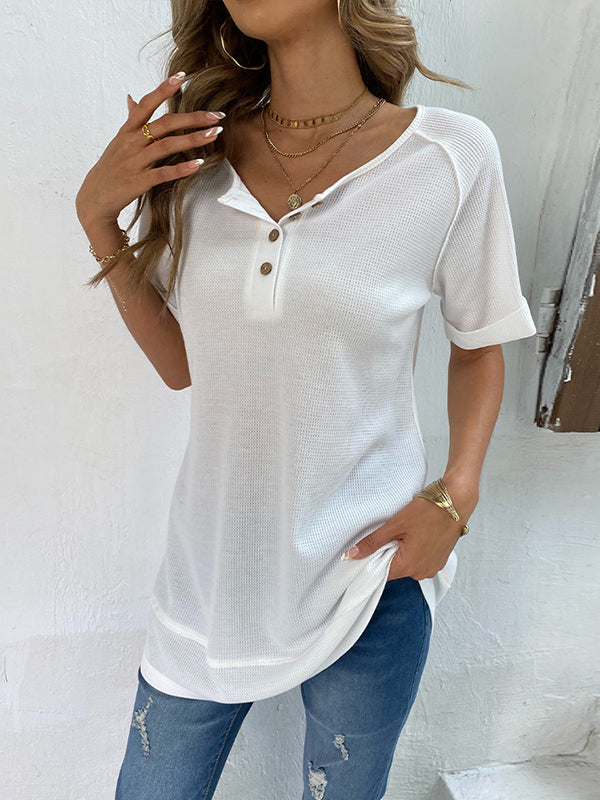 Loose Short Sleeves Buttoned Solid Color Split-Joint V-Neck T-Shirts Tops