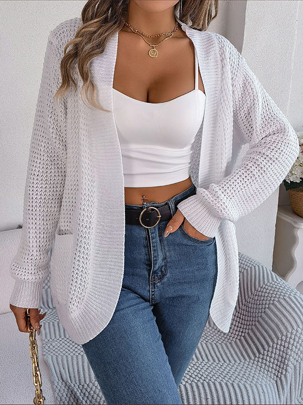 Long Sleeves Loose Pockets Solid Color Collarless Cardigan Tops