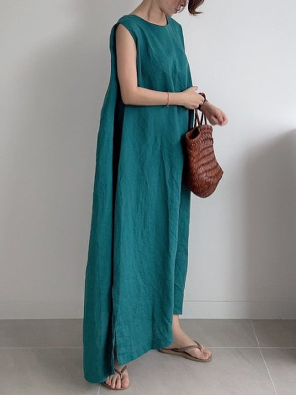 Casual Simple Solid Color Split-Side Round-Neck Sleeveless Midi Dress