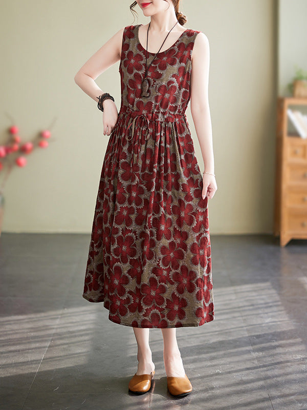 Loose Oversize Drawstring Floral Printed Round-Neck Midi Dresses