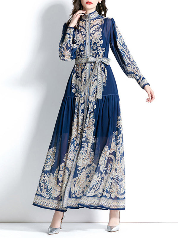 A-line Puff Sleeves Printed See-Through Tied Waist Stand Collar Maxi Dresses