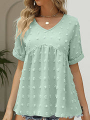 V-neck Loose Pleated Short Sleeve Chiffon Top