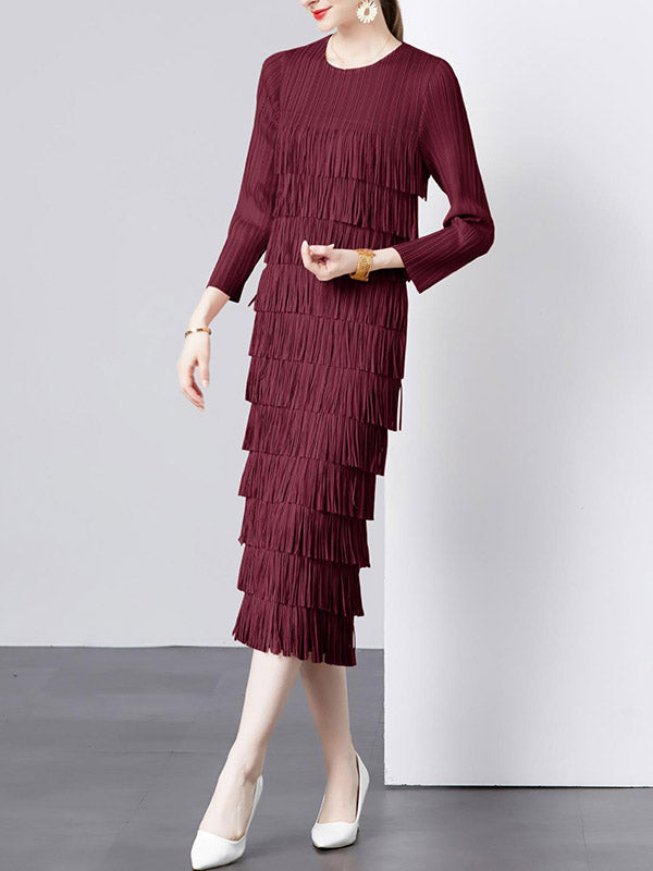 Long Sleeves Loose Pleated Solid Color Split-Joint Tasseled Round-Neck Midi Dresses