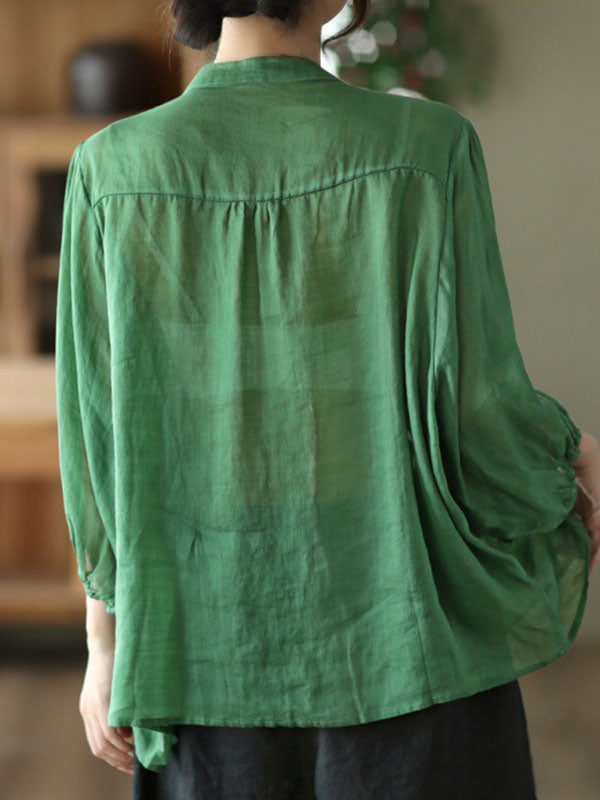 Loose Three-Quarter Sleeves Pleated Solid Color Split-Joint Stand Collar Blouses&Shirts Tops