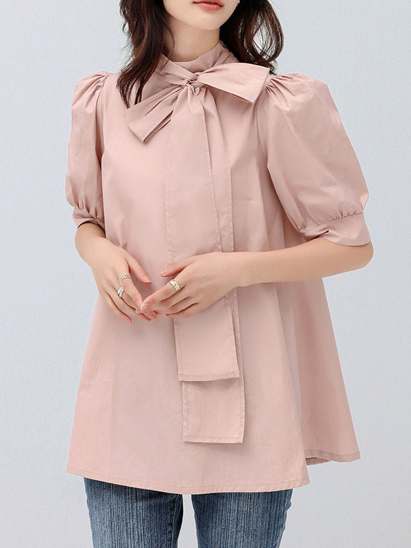 Half Sleeves Loose Bowknot Pleated Solid Color Mock Neck Blouses&Shirts Tops