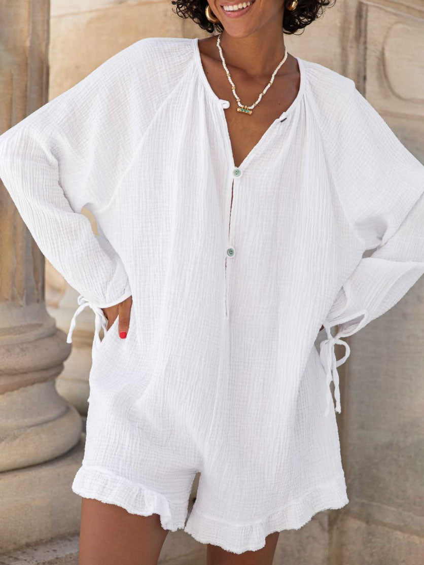 Puff Sleeve V Neck Beach Home Loose Jumpsuit