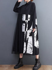 Casual Long Sleeves Loose Contrast Color Split-Joint Lapel Collar Midi Dresses