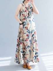 Loose Sleeveless Floral Printed Round-Neck Maxi Dresses