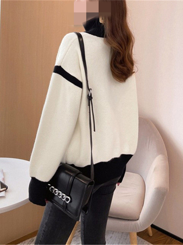 Casual Long Sleeves Contrast Color Zipper Stand Collar Cardigan Tops