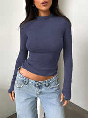 Long Sleeves Skinny Solid Color Split-Joint Round-Neck T-Shirts