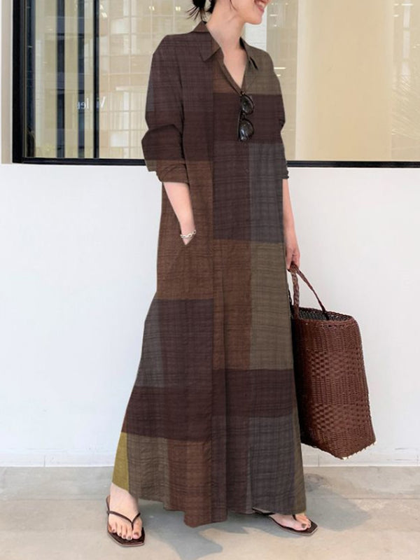 Long Sleeves Loose Plaid Pockets Lapel Maxi Dresses Shirt Dress