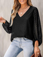 Loose Puff Sleeves Jacquard Pleated See-Through Split-Joint V-Neck T-Shirts