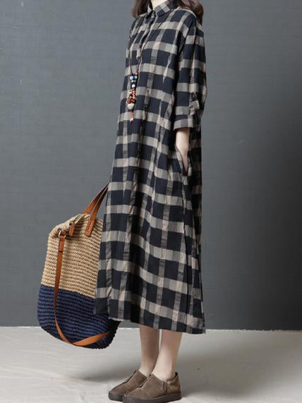 Loose Plaid Plus Size Ramie Cotton Blouse Midi Dresses