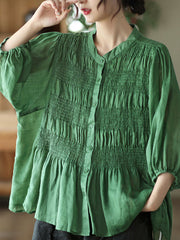 Loose Three-Quarter Sleeves Pleated Solid Color Split-Joint Stand Collar Blouses&Shirts Tops