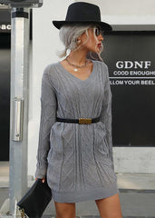 Cozy Grey Cable Knit V-Neck Sweater Dress